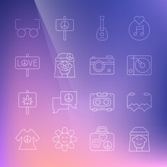 Set line Hippie girl, Heart shaped love glasses, Vinyl player, Guitar, Peace, Glasses and Photo camera icon. Vector