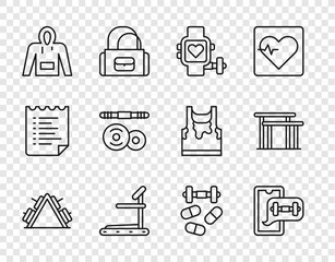 Set line Metal rack with weight, Fitness app, Smart watch heart, Treadmill machine, Hoodie, Barbell, Sports doping dumbbell and Uneven bars icon. Vector