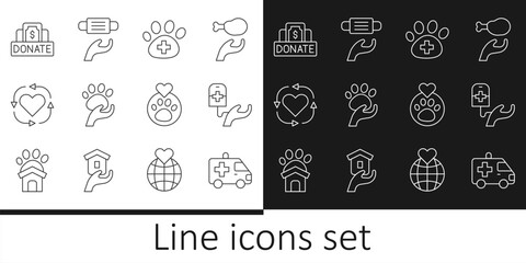 Set line Ambulance car, Blood donation, Veterinary clinic, Animal volunteer, Volunteer, Donation and charity, Heart with animals footprint and Medical protective mask icon. Vector