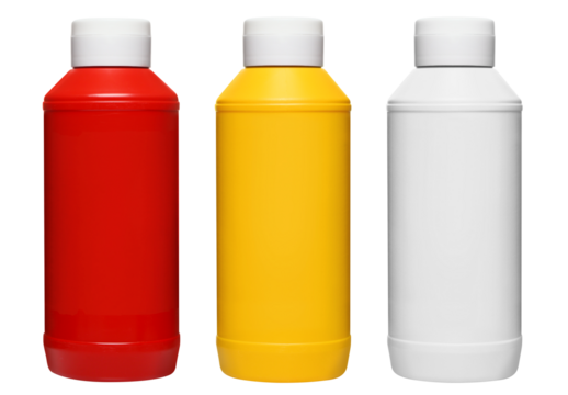 Plastic bottles with ketchup, mustard and mayonnaise, cut out