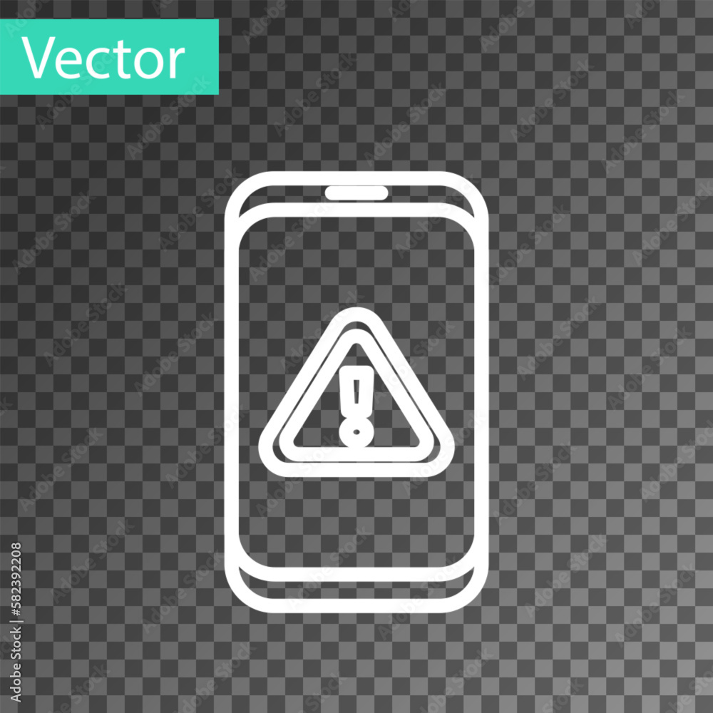 Poster white line mobile phone with exclamation mark icon isolated on transparent background. alert message