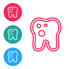Red line Tooth with caries icon isolated on white background. Tooth decay. Set icons in circle buttons. Vector