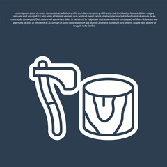 Blue line Wooden axe in stump icon isolated on blue background. Lumberjack axe. Axe stuck in wood. Chopping wood. Vector