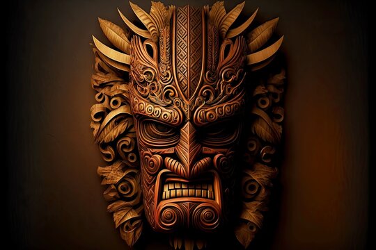 ethnic aztec intimidating tiki mask made of wood, created with generative ai
