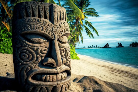 Ancient Stone Idols Tiki Mask On Beach On Exotic Island, Created With Generative Ai