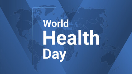 World Health Day holiday card. Poster with earth map, blue gradient lines background, white text.