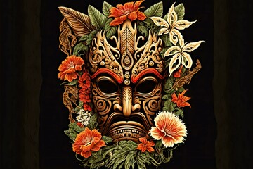 aloha ethnic bone tiki mask head god with flowers in hawaii, created with generative ai - obrazy, fototapety, plakaty