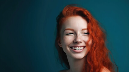 portrait of a smiling happy young woman on blue background, generative ai