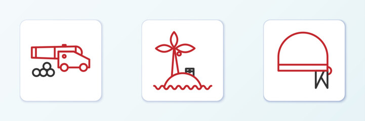 Set line Pirate bandana for head, Cannon with cannonballs and Tropical island in ocean icon. Vector