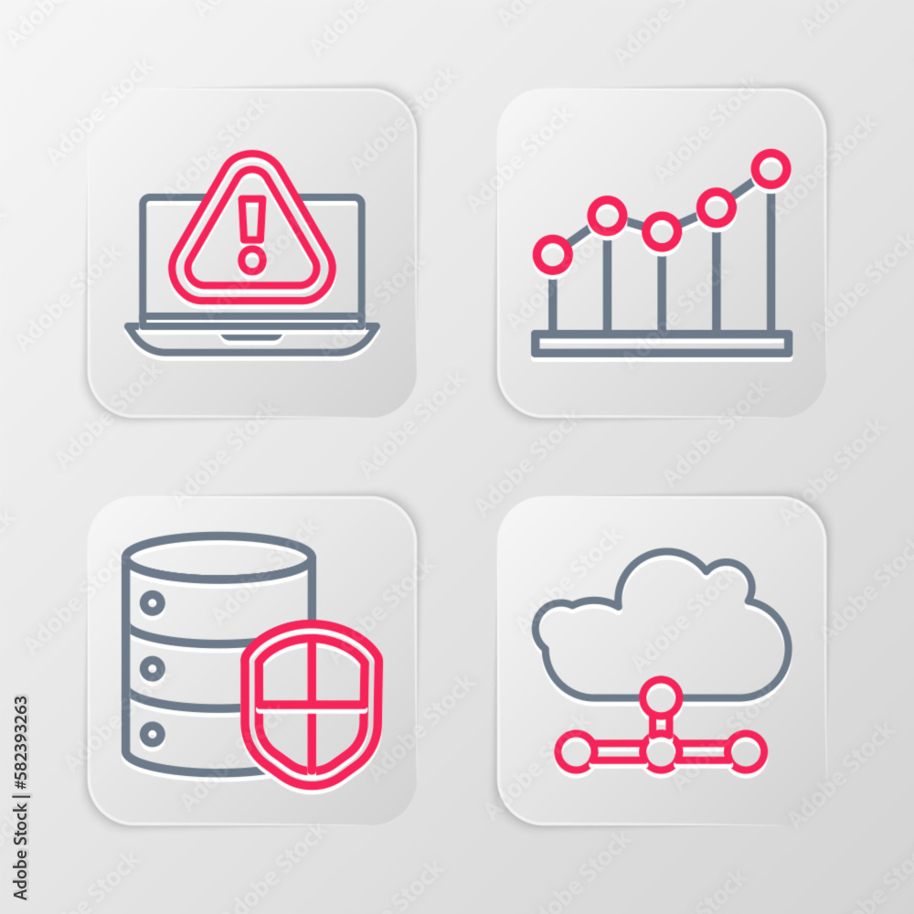 Poster set line network cloud connection, server with shield, pie chart infographic and laptop exclamation 