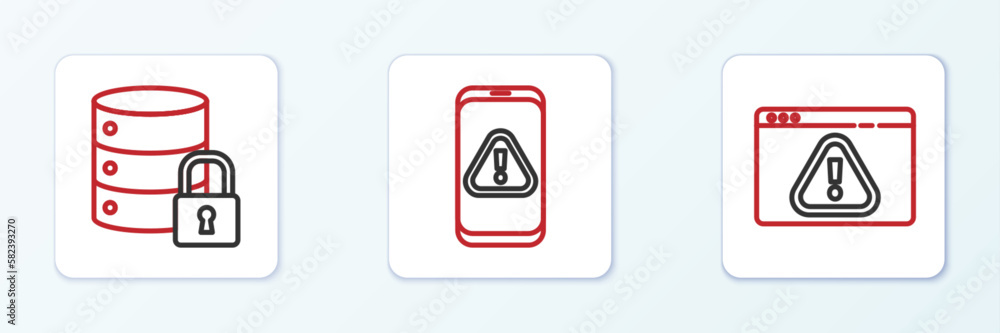 Poster set line browser with exclamation mark, server security lock and mobile icon. vector