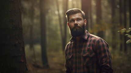 portrait of a handsome confident lumberjack in the forest, generative ai