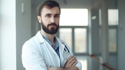 Fototapeta premium confident handsome doctor in hospital, generative ai