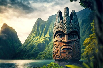 stone statue of god on islands of tahiti tiki mask on background of nature, created with generative ai - obrazy, fototapety, plakaty