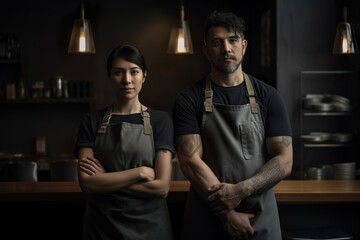 Obraz premium confident coffee shop business owners standing in the cafe, generative ai