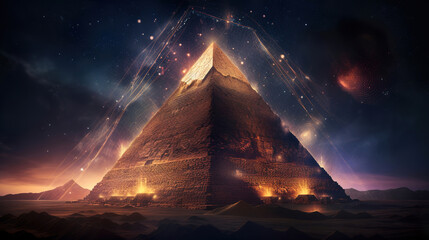 magical great pyramid with fantasy night sky, generative ai