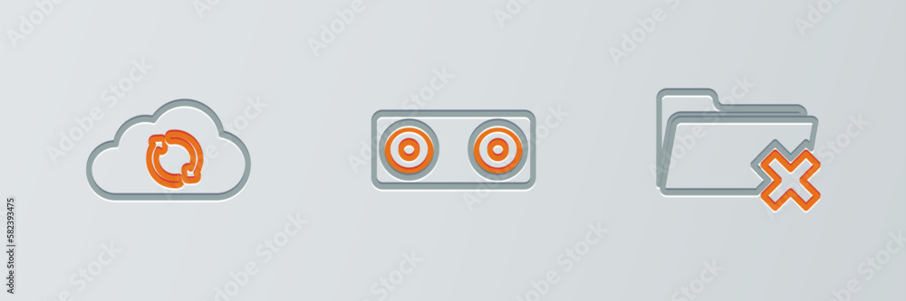 Poster set line delete folder, cloud sync refresh and stereo speaker icon. vector