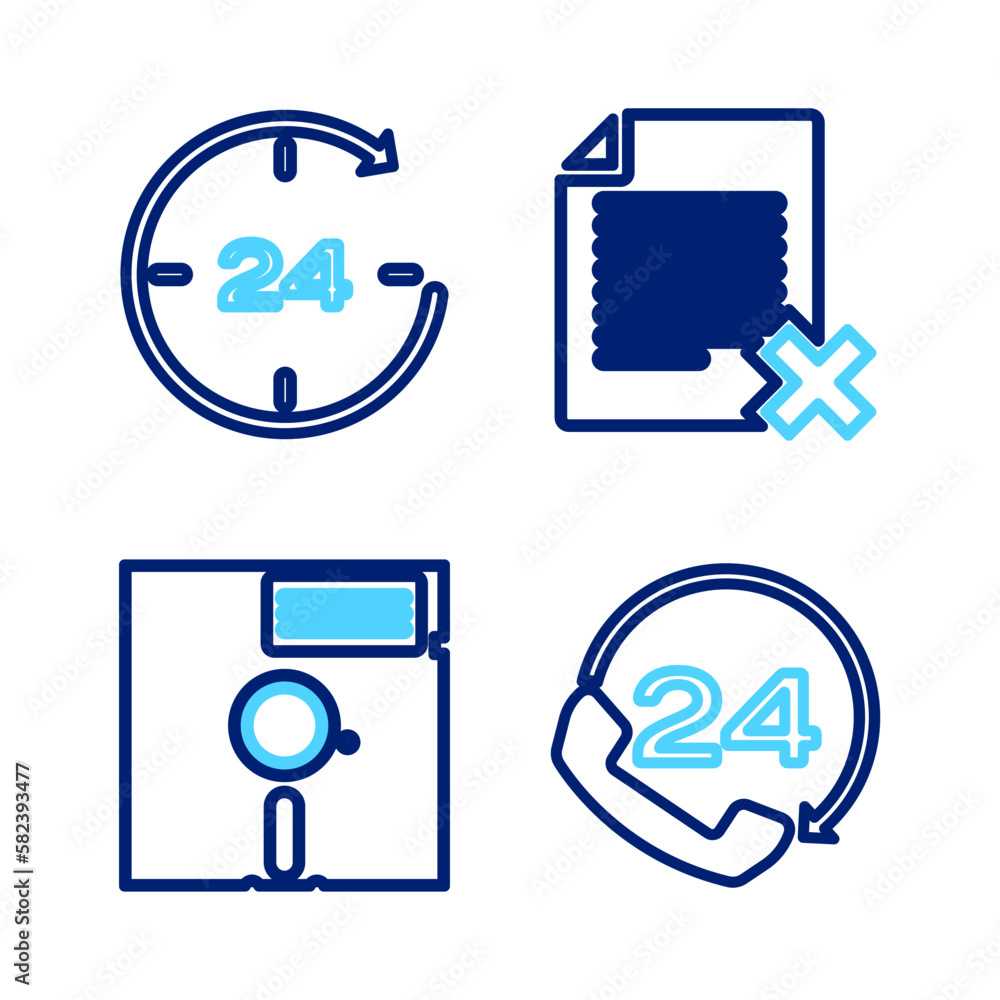 Poster set line telephone 24 hours support, floppy disk in the 5.25-inch, delete file document and clock ic