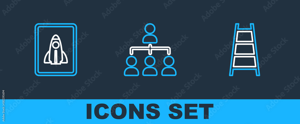 Aufkleber set line stair with finish flag, startup project concept and hierarchy organogram chart icon. vector
