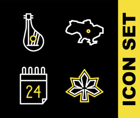 Set line Map of Ukraine, Chestnut leaf, Independence day and Bandura icon. Vector