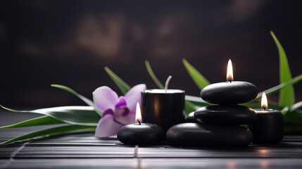 Obraz na płótnie Canvas zen spa relax aromatherapy wellness massage still life with candles and flowers, generative ai