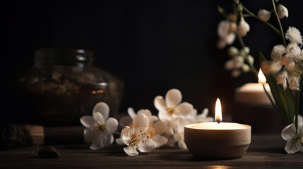 Fototapeta na wymiar zen spa relax aromatherapy wellness massage still life with candles and flowers, generative ai