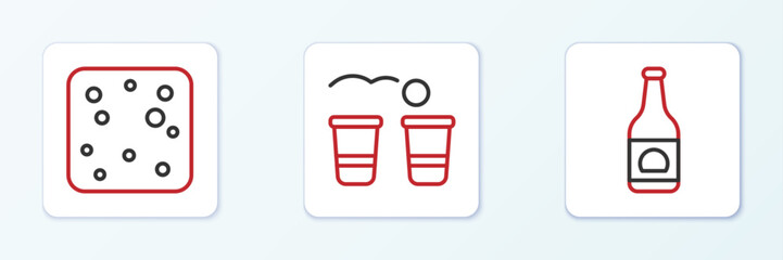 Set line Beer bottle, bubbles and pong game icon. Vector