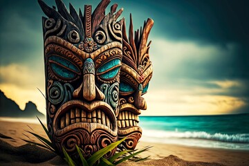 hawaiian wooden totems tiki mask on seashore, created with generative ai - obrazy, fototapety, plakaty