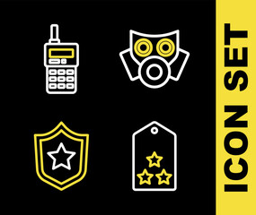 Set line Gas mask, Military rank, Police badge and Walkie talkie icon. Vector