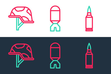 Set line Bullet, Military helmet and Rocket launcher icon. Vector