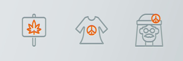 Set line Hippie girl, Marijuana and Peace dress print stamp icon. Vector