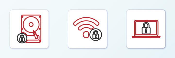 Set line Laptop and lock, Hard disk drive and Wifi locked icon. Vector