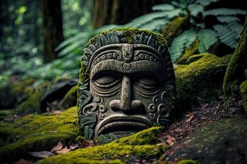 peaceful face of indian god stone tiki mask on ground in forest, created with generative ai - obrazy, fototapety, plakaty