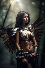Black haired female Archangel with a warhammer and sexy medieval armor standing in the forest. Fantasy wallpaper or coverdesign created with Generative Ai