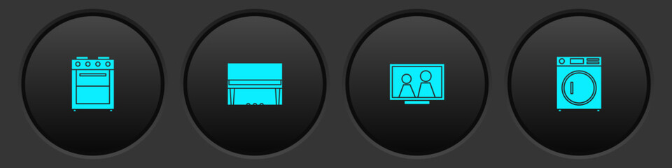 Set Oven, Grand piano, Picture frame on table and Washer icon. Vector