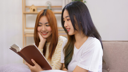 Relax at home concept, LGBT lesbian couple reading and learning holy bible together in living room