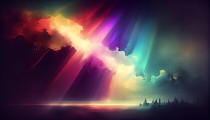 Generative AI, Illustration, Rainbow Haze: Create a dreamy and ethereal image, with a rainbow-colored burst of light and energy
