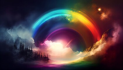Obraz na płótnie Canvas Generative AI, Illustration, Rainbow Haze: Create a dreamy and ethereal image, with a rainbow-colored burst of light and energy
