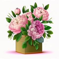 beautiful pink peonies flowers bouquet in paper box isolated on white background
