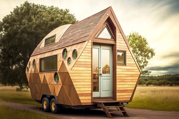 wooden tiny house with triangular roof and travel wheels, created with generative ai - obrazy, fototapety, plakaty