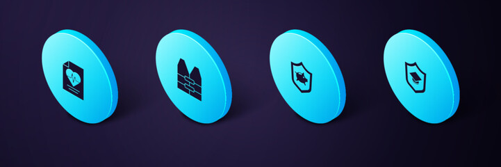 Set Isometric Graduation cap with shield, Piggy bank, Life jacket and Health insurance icon. Vector