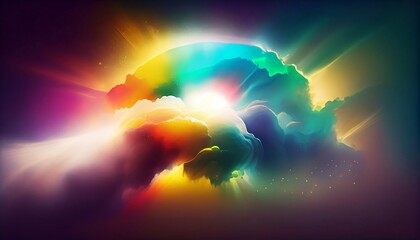 Generative AI, Illustration, Rainbow Haze: Create a dreamy and ethereal image, with a rainbow-colored burst of light and energy