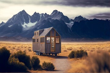 rural wooden grey tiny house on wheels against backdrop of mountain landscape, created with generative ai - obrazy, fototapety, plakaty