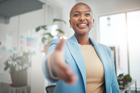 Black woman, handshake and business partnership for trust, support or deal in collaboration or meeting at office. African American female employee shaking hands for introduction interview or greeting