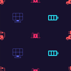 Set Battery, Solar energy panel, Hydroelectric dam and Electric car on seamless pattern. Vector