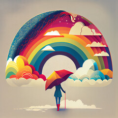 Woman with an umbrella in front of a rainbow, positive optimistic attitude, hope and emotion concept, generative AI - obrazy, fototapety, plakaty