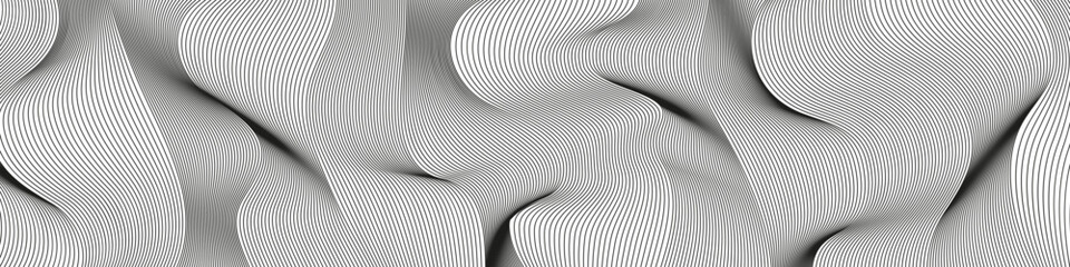 Wavy background of lines. Monochrome dynamic surface with effect of optical illusion. Vector.	