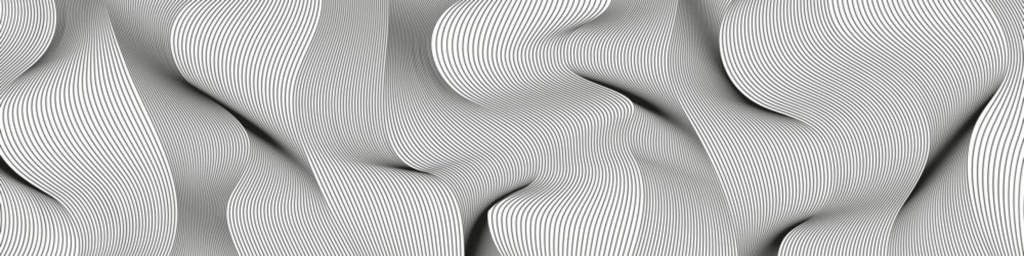 Wavy background of lines. Monochrome dynamic surface with effect of optical illusion. Vector.	