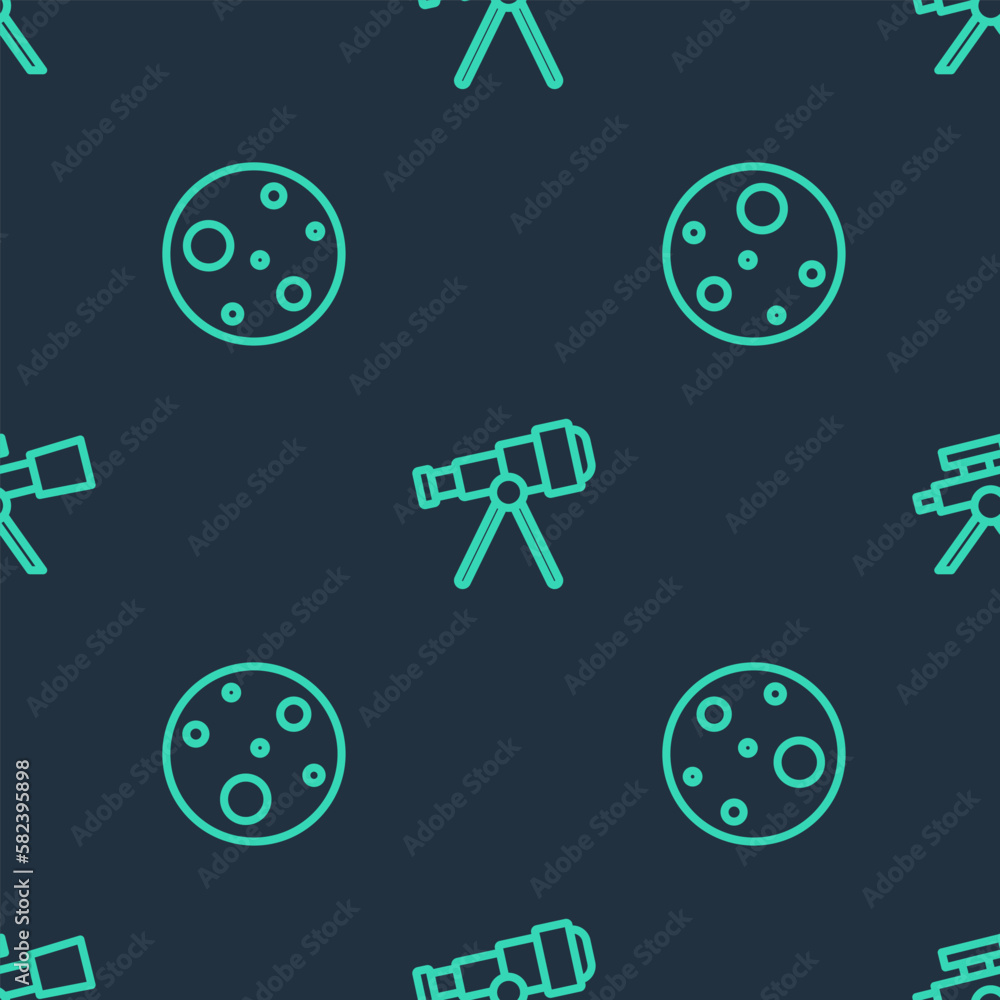 Poster set line telescope, planet mars and on seamless pattern. vector