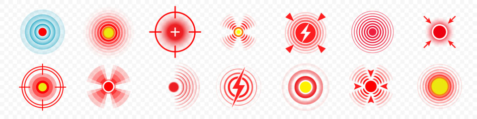 Pain target circles, red radial spot points of throat pain, vector muscle or stomach and body ache icons. Pain target circles for inflammatory medicine or headache painkiller design - 582395807